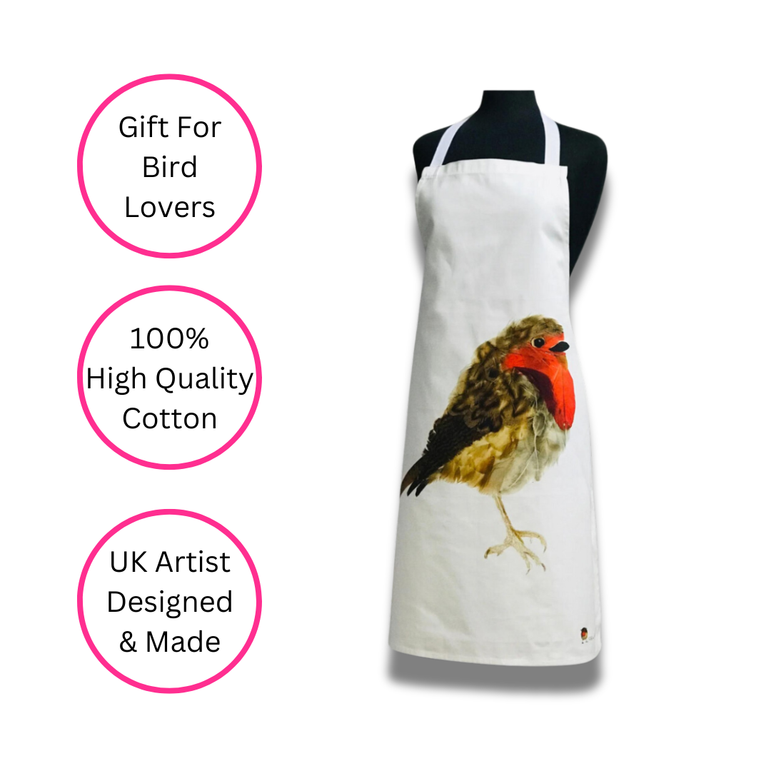 100% Cotton Robin Redbreast Apron on white background with three pink discs highlighting the benefits, gift for bird lovers, 100% high quality cotton and UK artist desgined & made.  