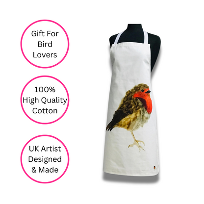 100% Cotton Robin Redbreast Apron - Side View - Quirky Detail