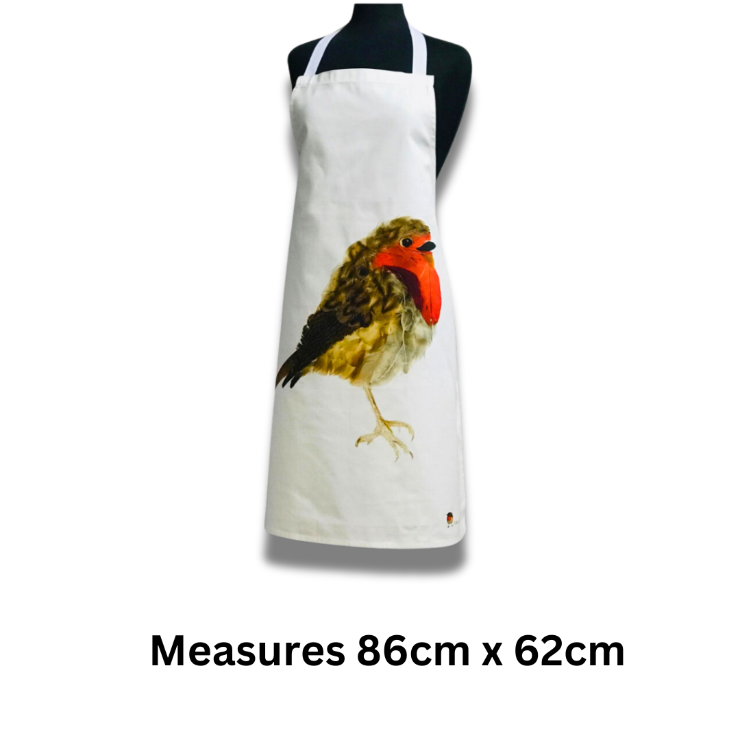 100% Cotton Robin Redbreast Apron on white background with text which reads "measures 86 cm x 62 cm".