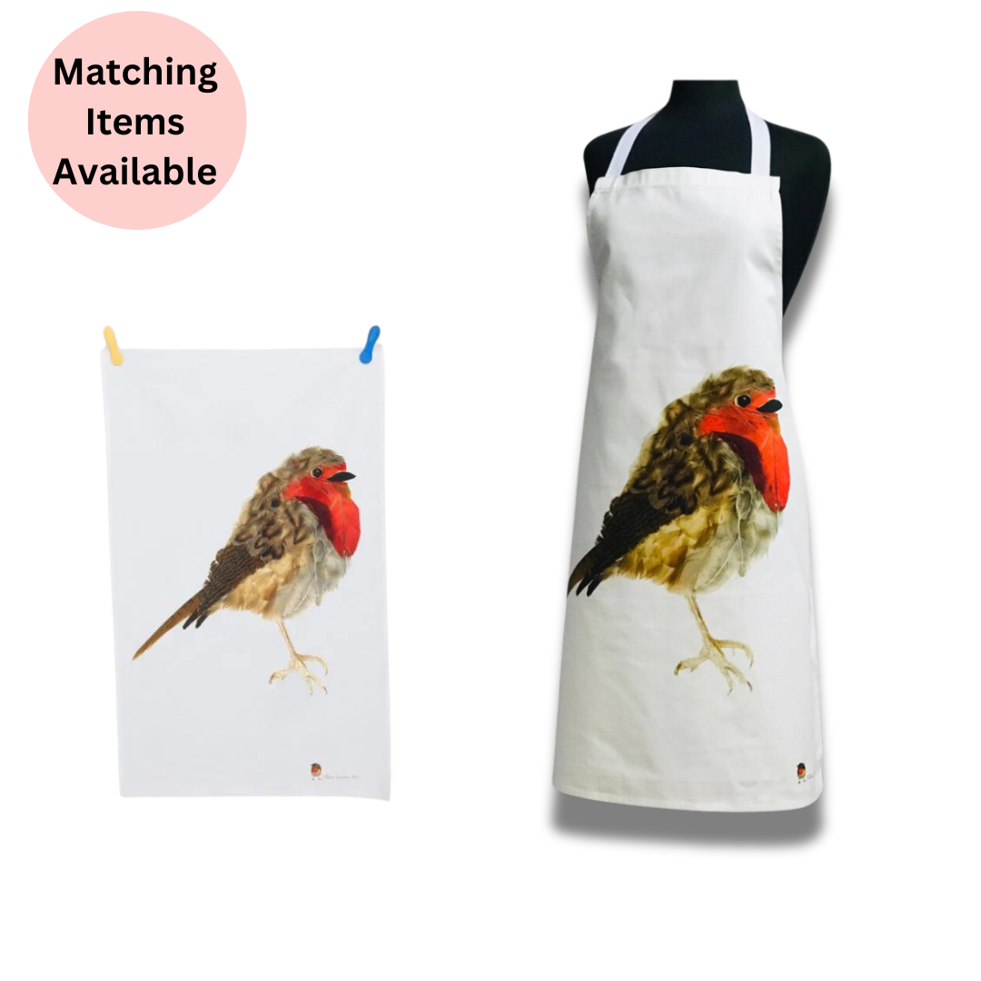 100% Cotton Robin Redbreast Apron and 100% Cotton Robin Redbreast Tea Towel with pink disc with the text "matching items available".