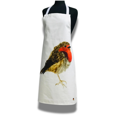 100% Cotton Robin Redbreast Apron - Front View - A Joyful Addition To Any Kitchen