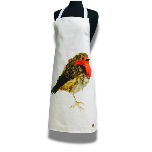 100% Cotton Robin Redbreast Apron on white background.