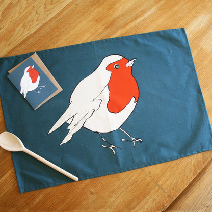 100% Cotton Blue Robin Tea Towel - Detail Shot - Colourful Close-up