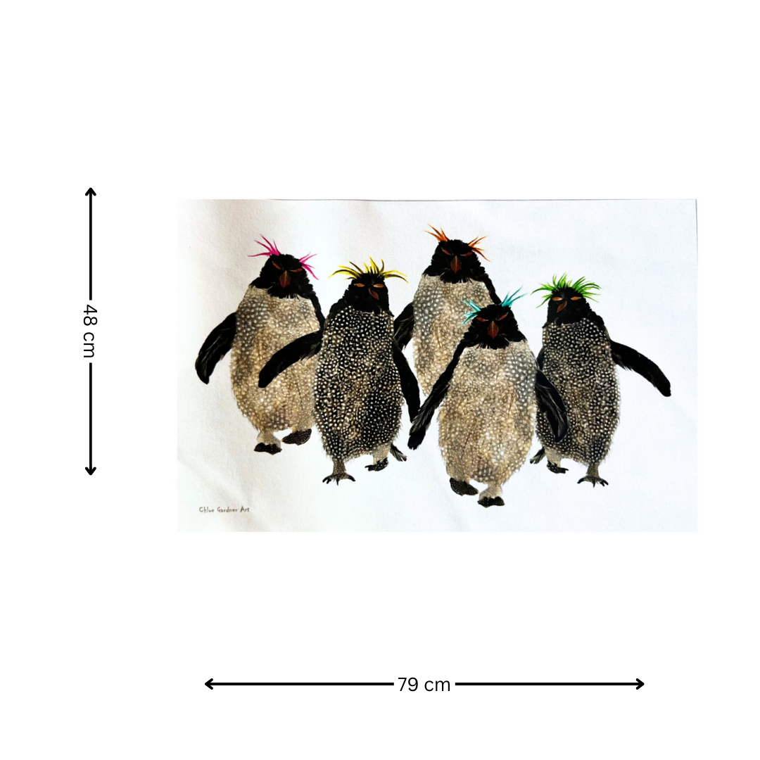 Rockhopper Penguin Tea Towel on white background with arrows indicating the measurements 48 cm x 79 cm.