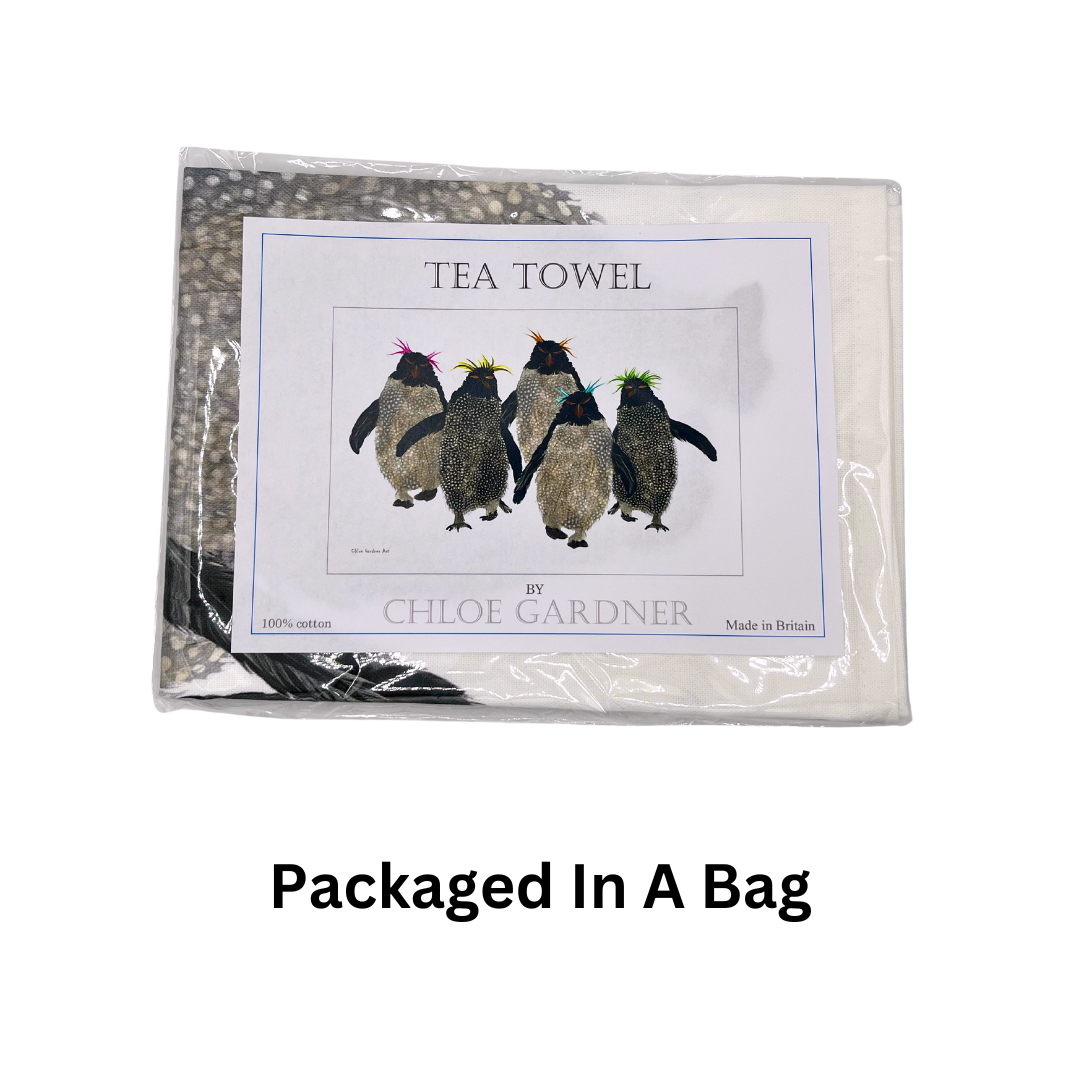 Rockhopper Penguin Tea Towel folded and packaged in a plastic bag with text which reads "packaged in a bag".