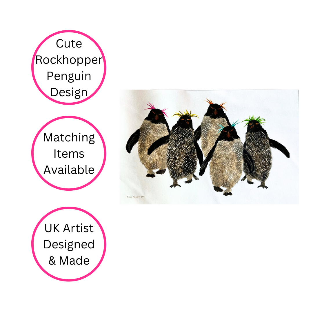 Rockhopper Penguin Tea Towel on white background with three pink discs highlighting the benefits, cute rockhopper penguin design, matching items available and UK artist designed & made.