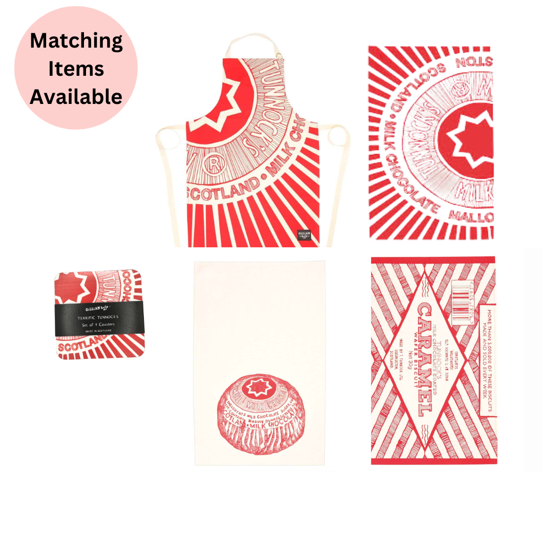 A selection of matching Tunnock's items on a white background, featuring Tunnock's Tea Cake Wrapper Tea Towel, Tunnock's Tea Cake Wrapper Apron, tunnock's coasters, Tunnock's Tea Cake Tea Towel and Tunnock's Caramel Wafer Tea Towel with Pink disc with the words "Matching Items Available" on it.