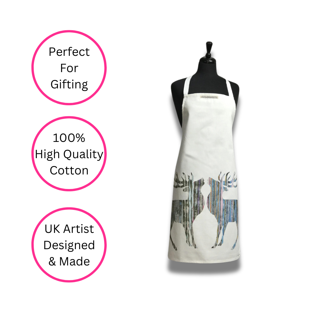 Silver Stag Apron on white background with three pink discs highlighting the benefits, perfect for gifting, 100% high quality cotton and UK artist designed & made.