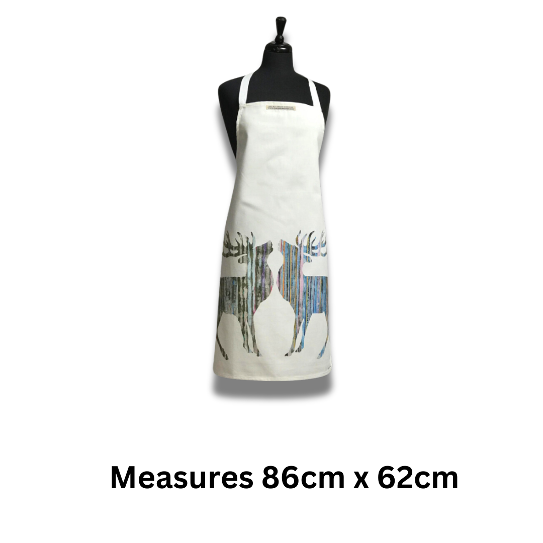 Silver Stag Apron on white background with text which reads "measures 86 cm x 62 cm".