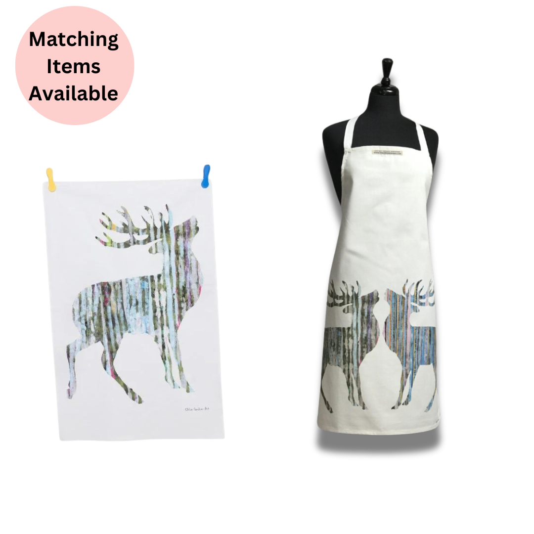 Silver Stag Apron and Silver Stag Tea Towel hanging by pegs on washing line on white background with pink disc with text which reads " matching items available".