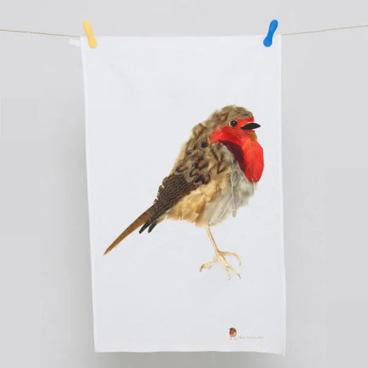 Gift Boxed 100% Cotton Robin Redbreast Tea Towel hanging on washing line on white background 