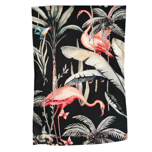 Dark Tropical Flamingo Tea Towel on white background.  