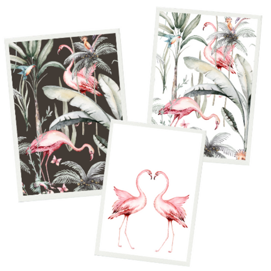 Tropical Flamingo Tea Towel Set comprising one Tea Towel with two pink flamingos on a white background and two patterned tea towels with two flamingos, plants, birds and butterflies, one on an almost black background and the other on white background.