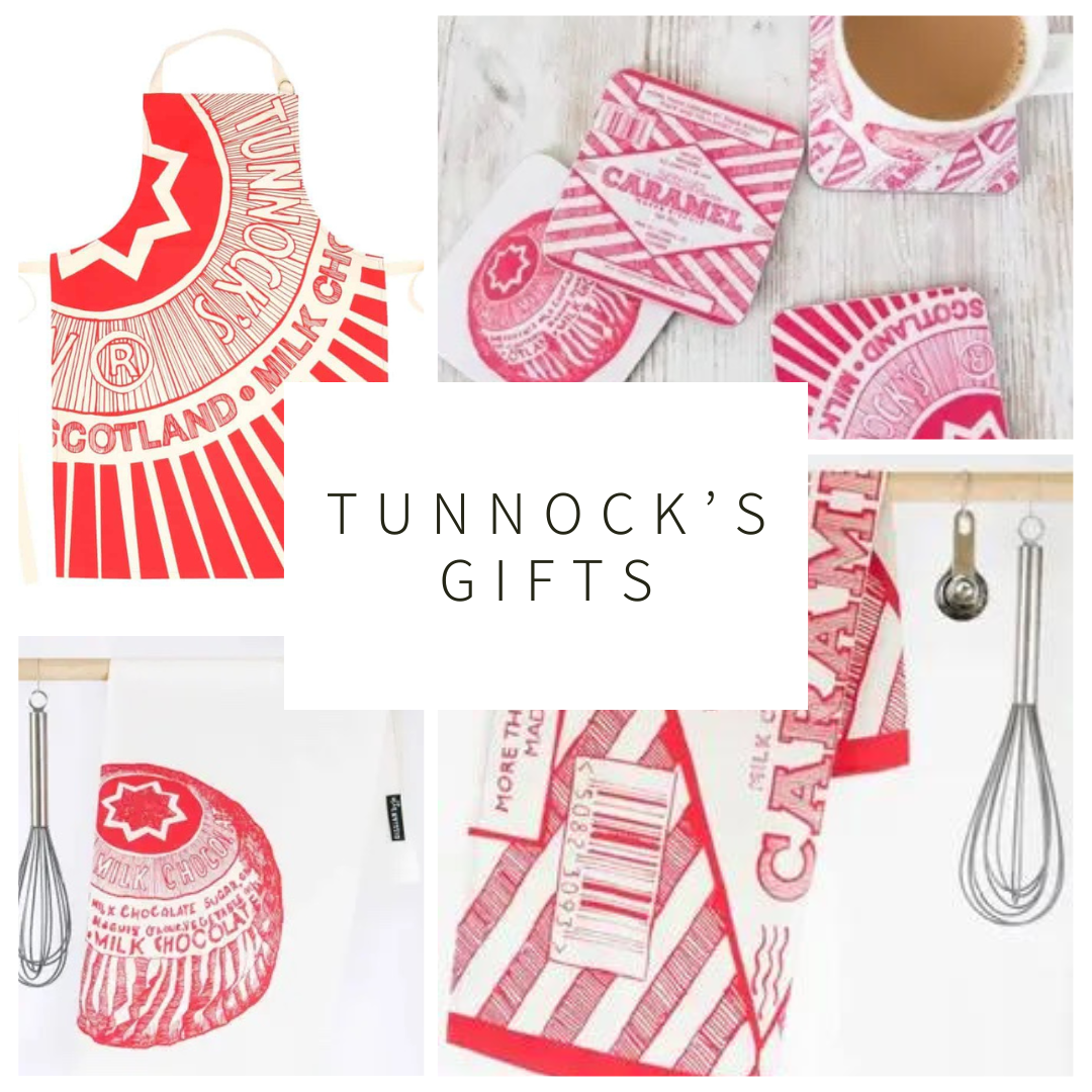 Collage of Tunnock's Tea Cake Wrapper Apron, Tunnock's Coasters with Cup of Tea, Tunnock's Tea Cake Tea Towel hanging on rail with whisk and Tunnock's Caramel Wrapper Tea Towel hanging on rail with measuring spoons and whisk and text which reads "Tunnock's Gifts".  