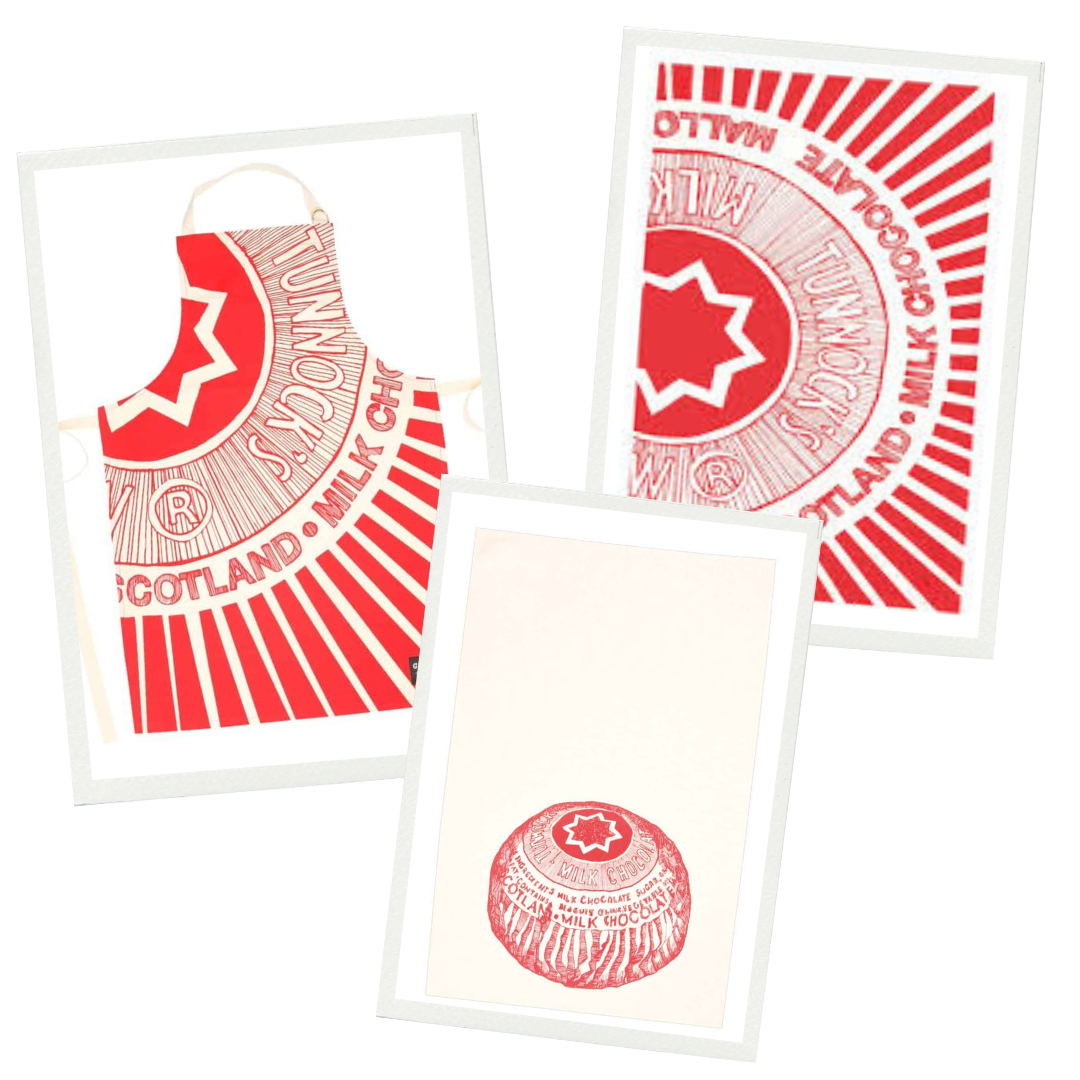 Tunnock's Tea Cake Trio - Tunnock's Tea Cake Wrapper Apron, Tunnock's Tea Cake Wrapper Tea Towel and Tunnock's Tea Cake Tea Towel in frames on white background.