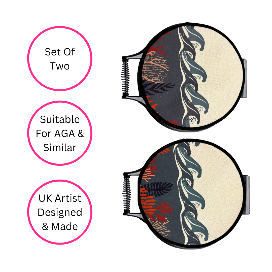 Grey Under the Sea Chef's Pads For AGA, on AGA lids on white background with three pink discs highlighting the benefits, set of two, suitable for AGA or similar and UK artist designed & made.