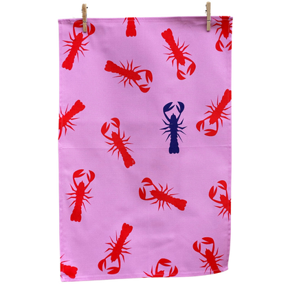 100% Cotton Pink Lobster Tea Towel - Front View - A Joyful Addition To Any Kitchen