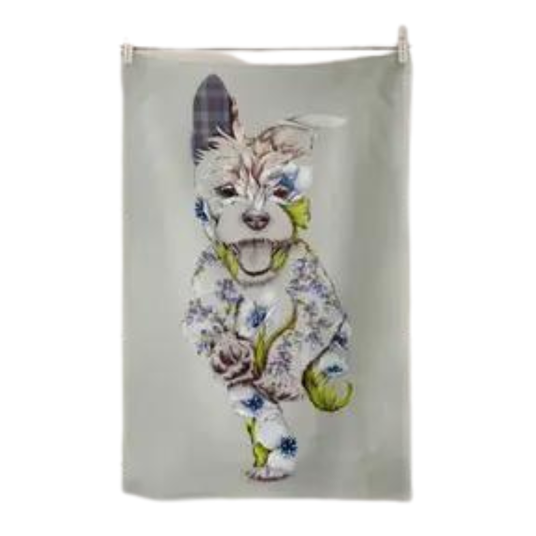 100% Cotton Sage Green Dog Tea Towel with patchwork dog on sage green tea towel hanging from a washing line on white background