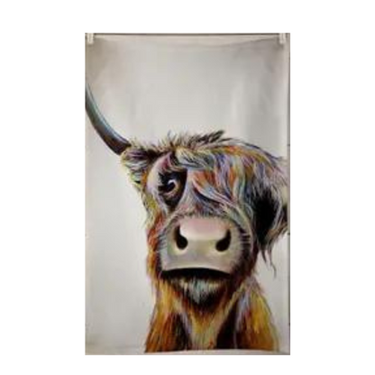 100% Cotton Bad Hair Highland Cow Tea Towel - Front View - A Joyful Addition To Any Kitchen