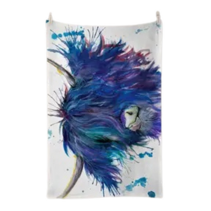 100% Cotton Blue Splatter Highland Cow Tea Towel - Front View - A Joyful Addition To Any Kitchen