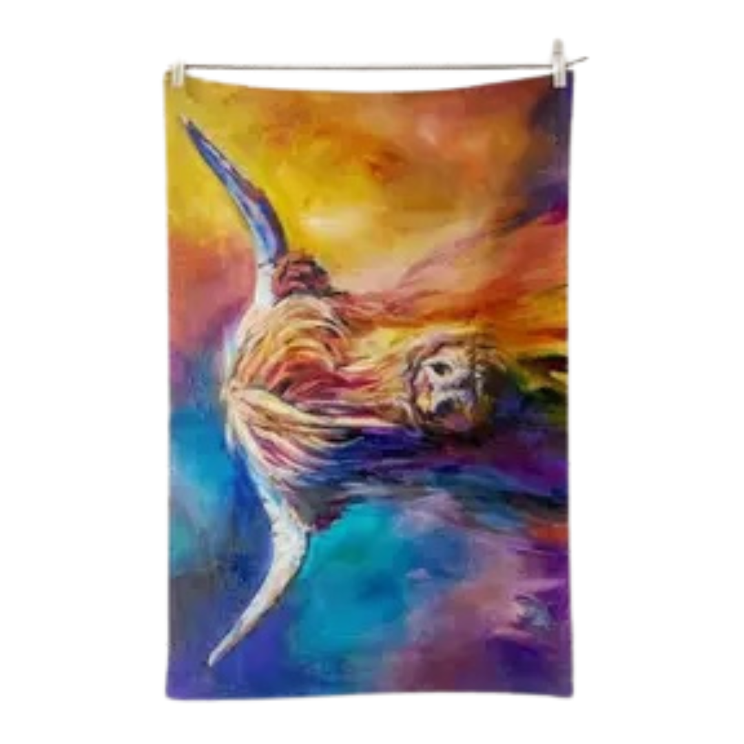 100% Cotton Rainbow Harris Highland Cow Tea Towel hanging on washing line on white background.