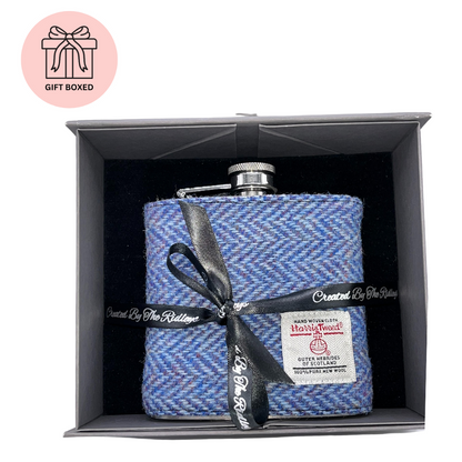 Herringbone Blue Harris Tweed Hip Flask - Gift Boxed - Gift Idea