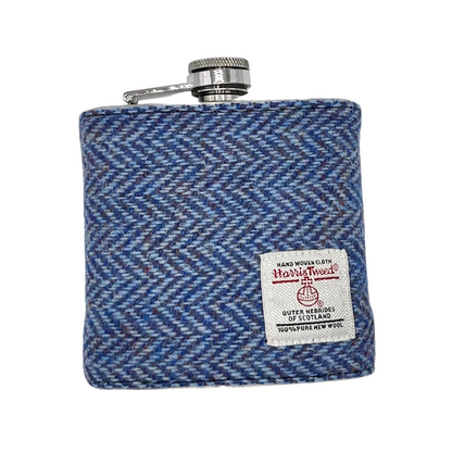 Herringbone Blue Harris Tweed Hip Flask - Front View - Perfect Gift