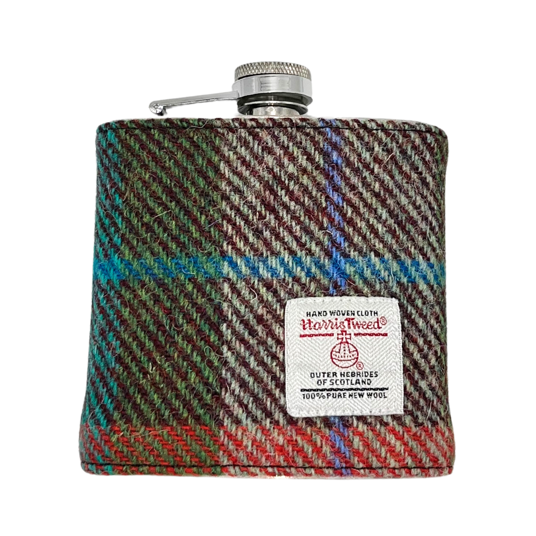 Orange & Green Harris Tweed Hip Flask on white background