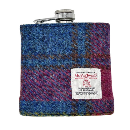 Pink And Blue Harris Tweed Hip Flask - Front View - Ideal Gift