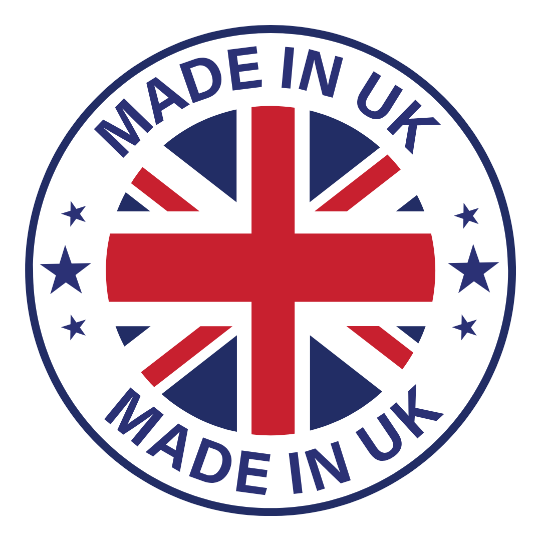 Circular logo with Union Jack and 'MADE IN UK' text on a white background