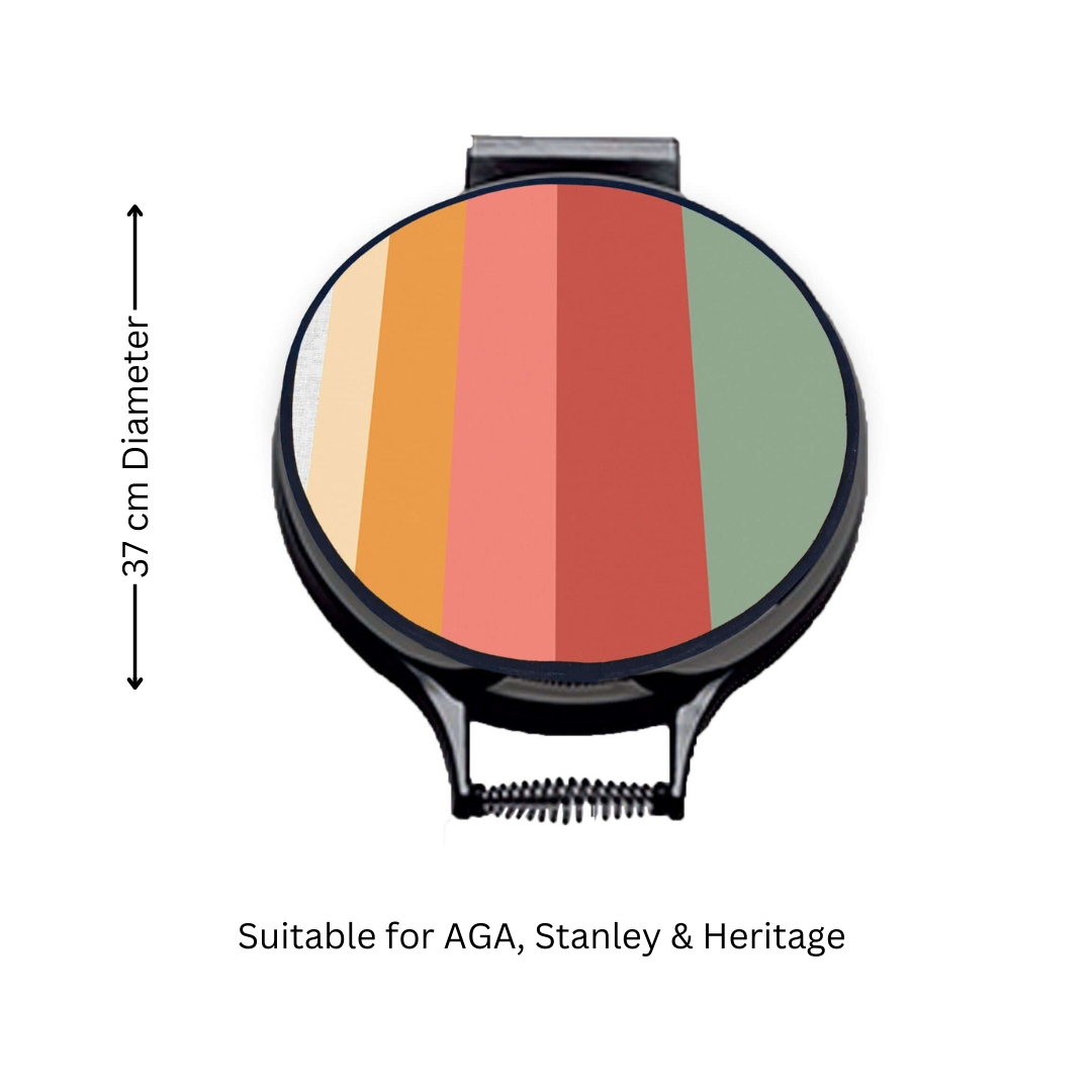 Toucan Chef's Pads For AGA, single rainbow striped chef's pad on AGA lid with arrows and measurements, 37 cm Diameter and text "suitable for AGA, Stanley & Heritage"