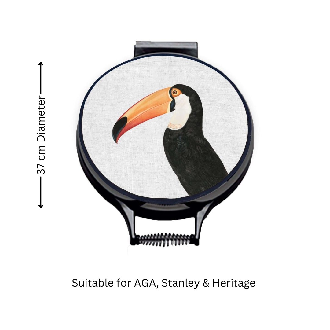 Toucan Chef's Pads For AGA, single white chef's pad with Toucan on AGA lid with arrows and measurements, 37 cm Diameter and text "suitable for AGA, Stanley & Heritage"