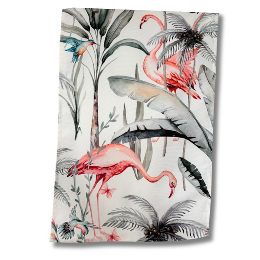 White Tropical Flamingo Tea Towel on white background.  