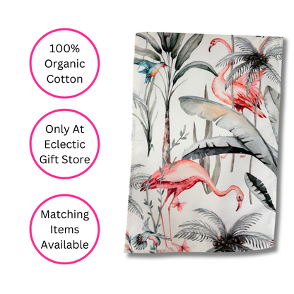 White Tropical Flamingo Tea Towel - 100% Organic Cotton, Exclusive Design, Matching Items Available - Quirky Detail