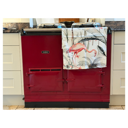 White Tropical Flamingo Tea Towel On Claret Red AGA.  Beautiful Kitchen Gift.  
