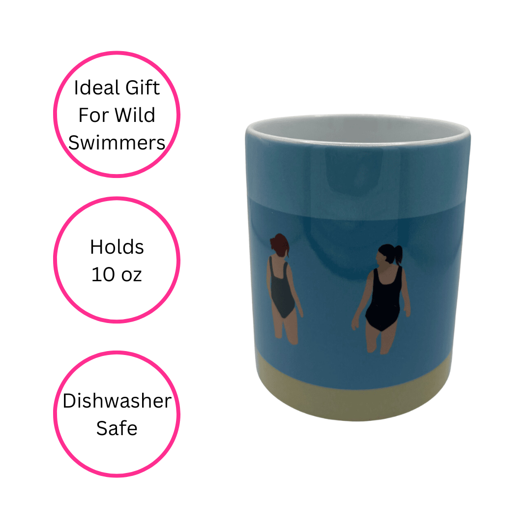 Wild Friends Wild Swimming Mug on white background with three pink discs highlighting the benefits - ideal gift for wild swimmers, holds 10 oz and dishwasher safe.