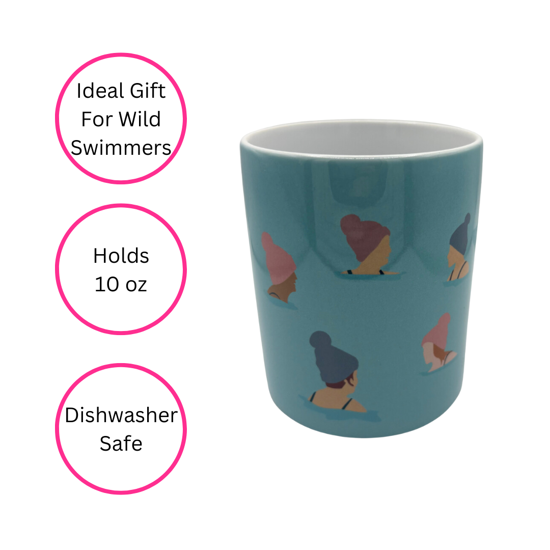 Wild Ones Wild Swimming Mug on white background with three pink discs which read - ideal gift for wild swimmers, holds 10 oz and dishwasher safe.