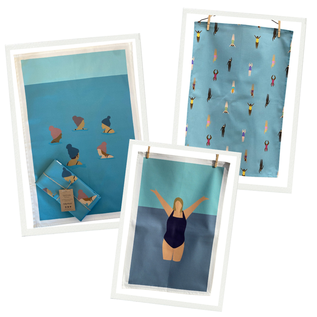 Wild Swimming Tea Towel Set - Wild Me, Wild Swimming Group and Wild Swimming Tea Towel in frames on white background.  