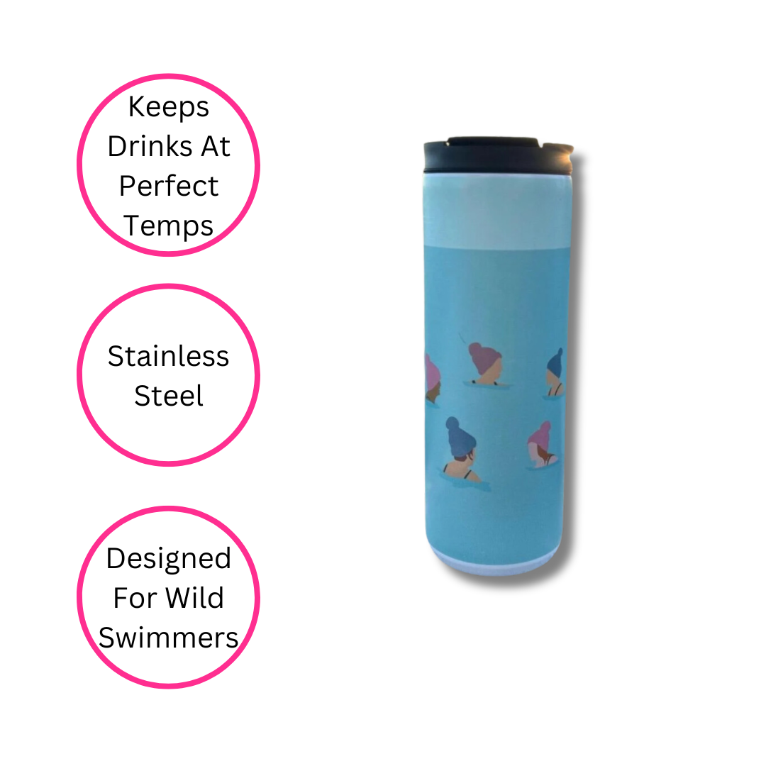 Wild Swimming Thermal Cup on white background with three pink discs highlighting the benefits - keeps drinks at perfect temps, stainless steel, designed for wild swimmers.