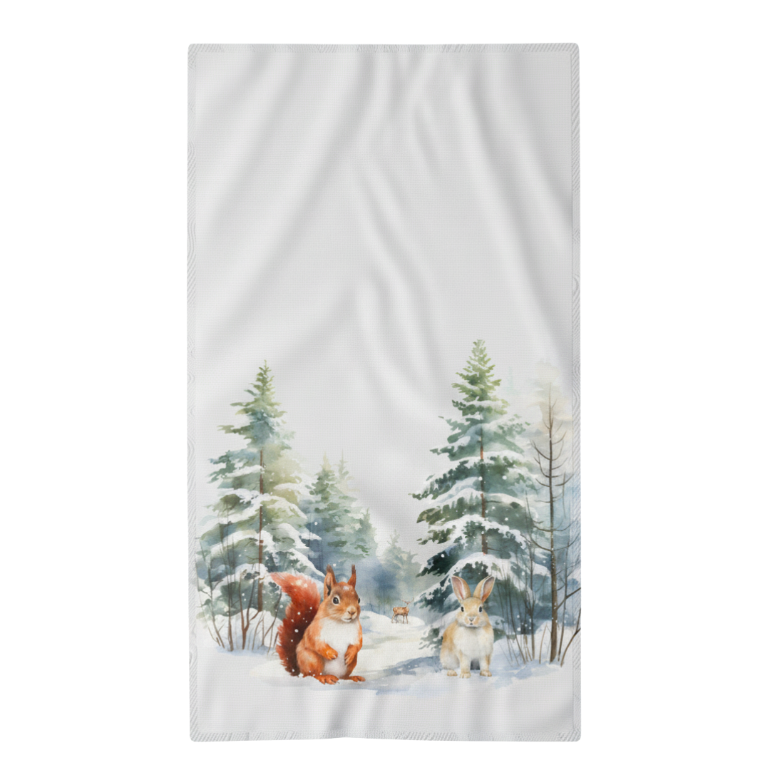 Winter Woodland Animals Tea Towel on white background.  Beautiful gift for animal lover.  