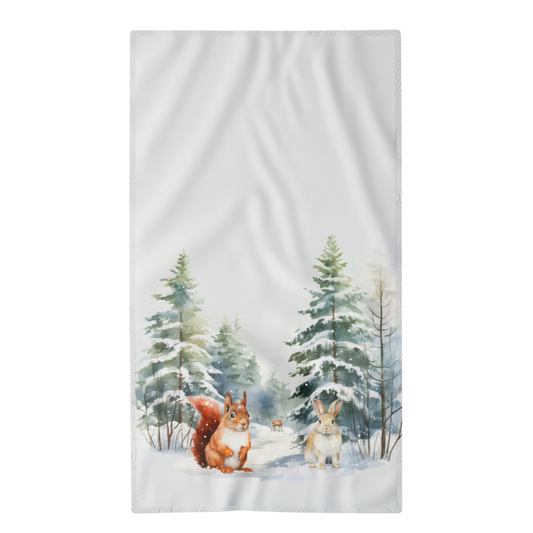 Winter Woodland Animals Tea Towel on white background.  Beautiful gift for animal lover.  