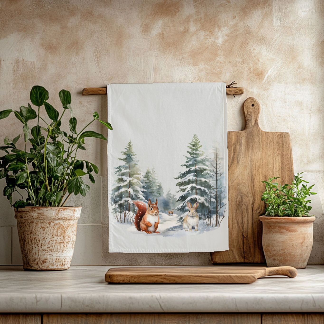 Winter Woodland Animals Tea Towel lifestyle image.  100% Organic Cotton Gift for Animal Lover.  