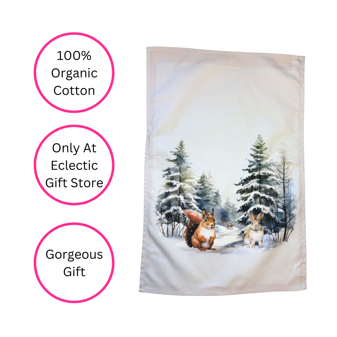 Winter Woodland Animals Tea Towel - 100% Organic Cotton - Exclusive to Eclectic Gift Store - Gorgeous Gift