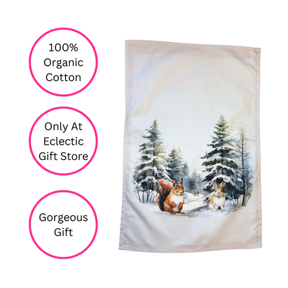 Winter Woodland Animals Tea Towel - 100% Organic Cotton - Exclusive to Eclectic Gift Store - Gorgeous Gift