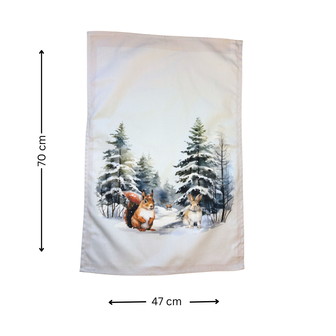Winter Woodland Animals Tea Towel - Measuring 70 cm x 47 cm - Quirky Homeware Gift