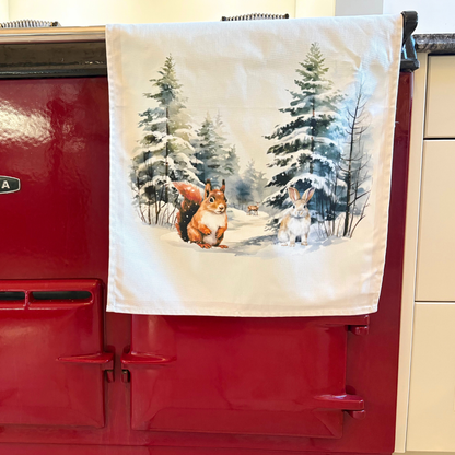 Winter Woodland Animals Tea Towel On AGA - Quirky Gift - 100% Organic Cotton