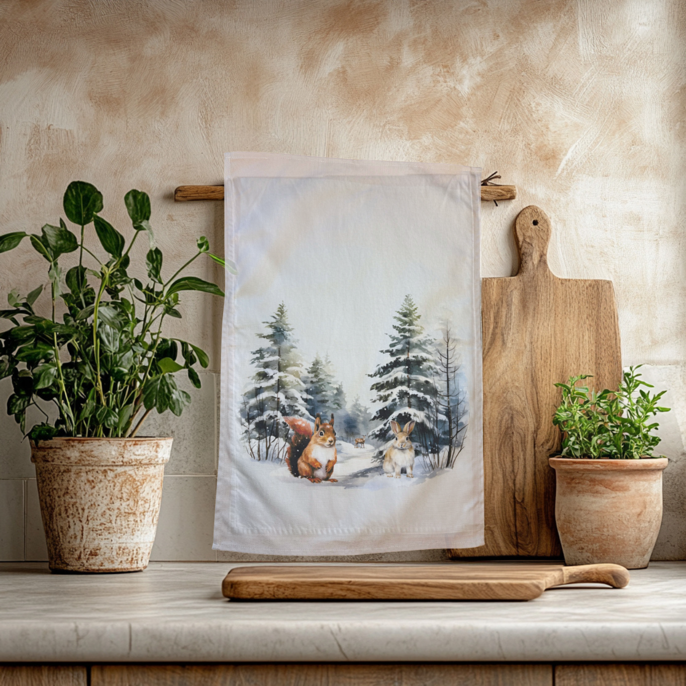 Winter Woodland Animals Tea Towel lifestyle image.  100% Organic Cotton Gift for Animal Lover.  