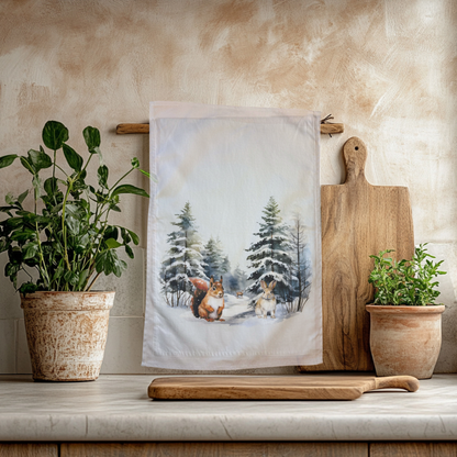 Winter Woodland Animals Tea Towel lifestyle image.  100% Organic Cotton Gift for Animal Lover.  