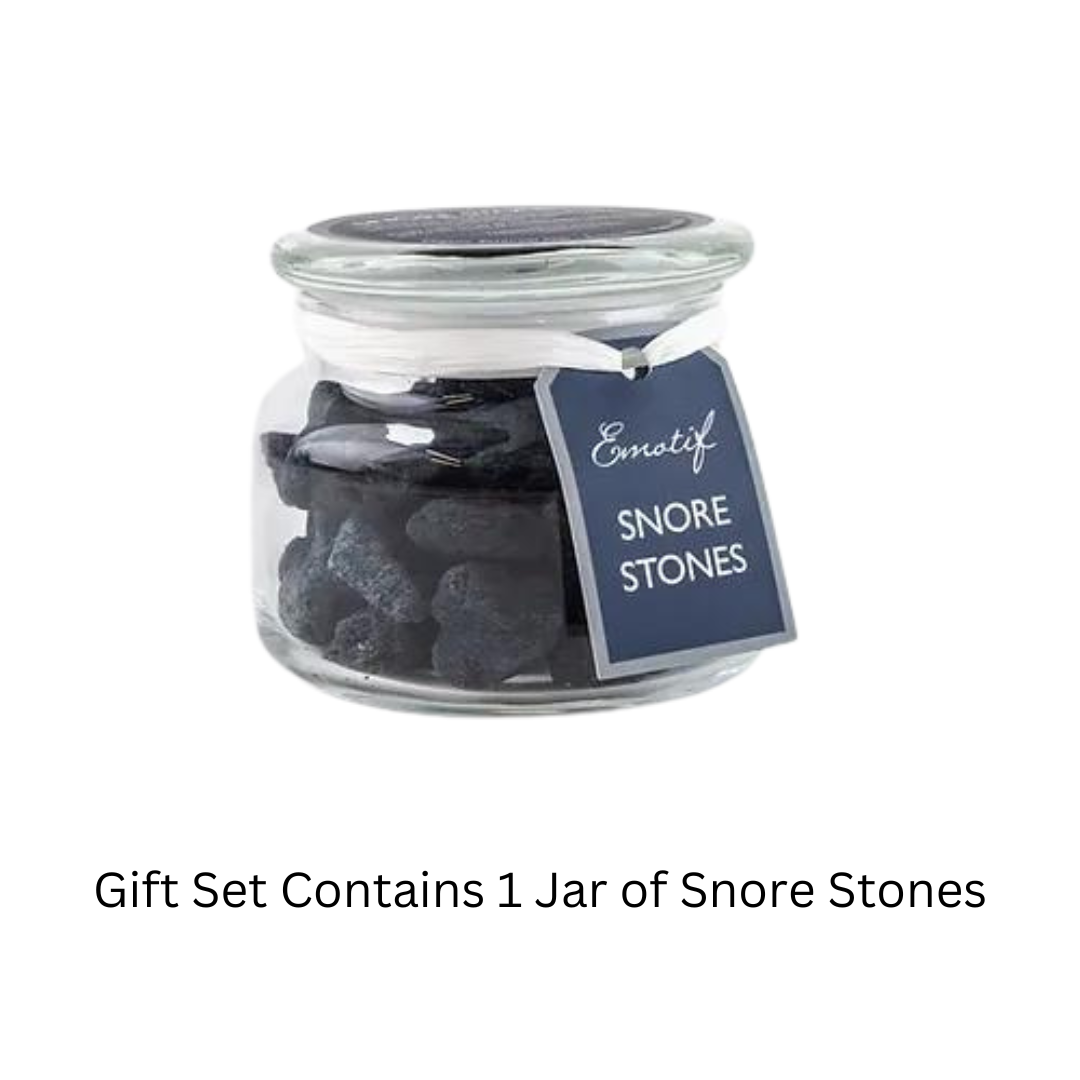 Essential Oil Aromatherapy Snore Stones Gift Set picture of snore stones jar on white background with text which reads "Gift Set Includes 1 Jar Snore Stones".