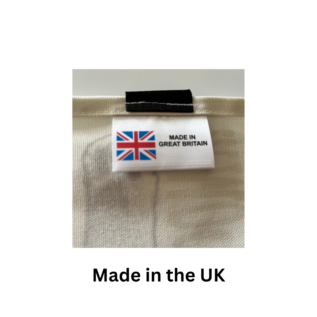 Yellow Hungry Cat Tea Towel picture of Made in Great Britain logo along with Union Jack with the text "made in the UK".